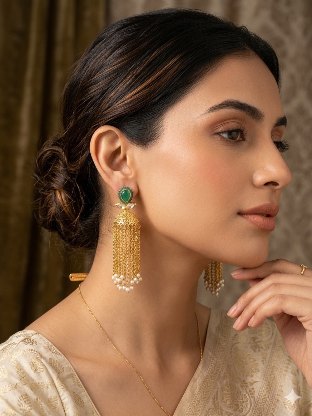NIP Royal Emerald Green & Gold Kashmiri Jhumka Pearl earrings